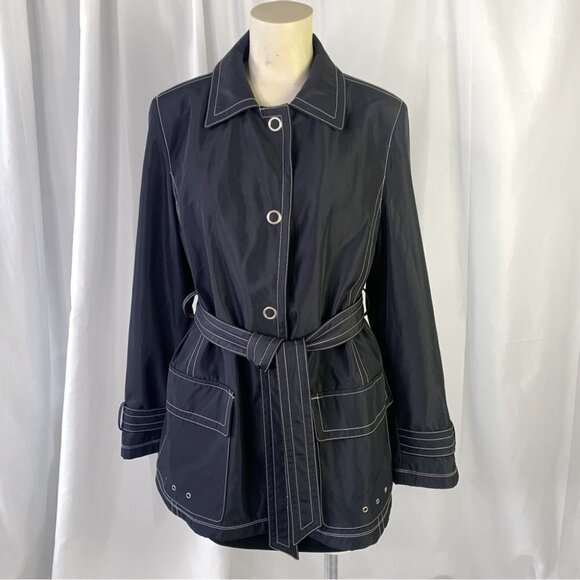 JONES NEW YORK BLUE COAT NAUTICAL TRENCH COAT  BELT CONTRASTING STITCHES LARGE - Picture 3 of 10